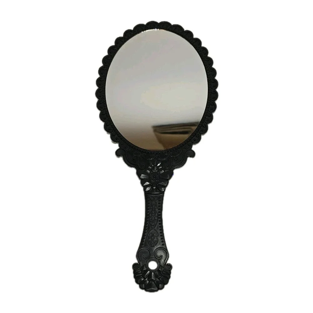 🪞‎ Vintage Style Black Handheld Vanity Mirror Ornate Floral Handle Plastic EUC